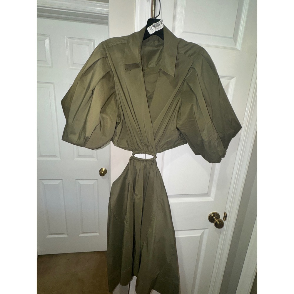 Jonathan Simkhai Olive Green Cutout Ring Mini Dress Puff Sleeve XL - Picture 5 of 8